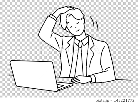 An illustration of a male office worker stretching his neck at his desk. An illustration of a male office worker stretching his neck at his desk. 143221772