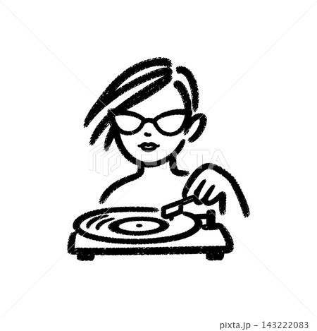 Woman playing a vinyl record on a turntable, brush-stroke icon 143222083