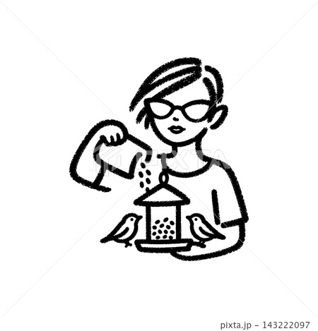 Woman filling a bird feeder with seeds, brush-stroke icon Woman filling a bird feeder with seeds, brush-stroke icon 143222097