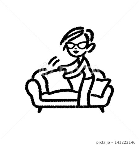 Woman arranging cushions on a sofa, brush-stroke icon 143222146