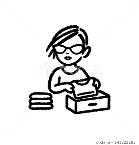 Woman folding clothes into a drawer, brush-stroke icon Woman folding clothes into a drawer, brush-stroke icon 143222163