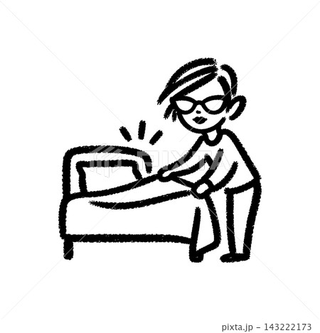 Woman making a bed with fresh sheets, brush-stroke icon Woman making a bed with fresh sheets, brush-stroke icon 143222173