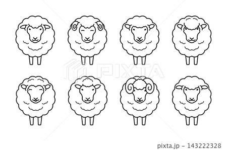 かわいい羊の顔の線画イラストのセット 143222328