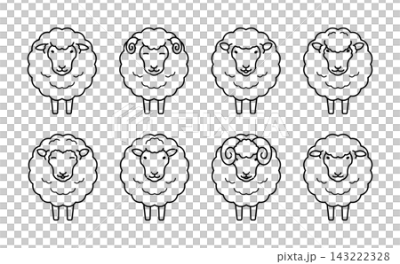 かわいい羊の顔の線画イラストのセット 143222328