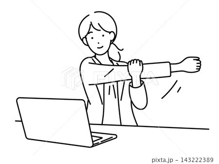 デスクで腕のストレッチをする女性会社員のイラスト デスクで腕のストレッチをする女性会社員のイラスト 143222389