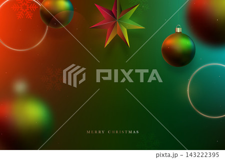 Bright ornaments and star create festive atmosphere, blending vibrant colors and shapes Bright ornaments and star create festive atmosphere, blending vibrant colors and shapes 143222395