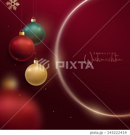 Elegant ornaments hang against rich red backdrop, capturing festive spirit and warmth 143222414