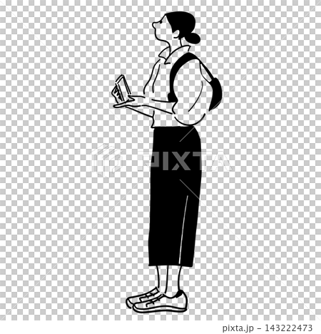 一位女子抬頭看著手機,全身線條畫。 一位女子抬頭看著手機,全身線條畫。 143222473