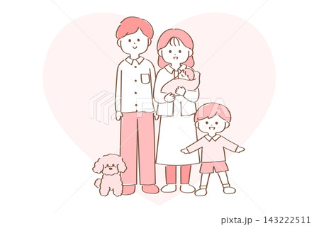 若い子育て世帯のイラスト 両親と犬と小さな子供2人 若い子育て世帯のイラスト 両親と犬と小さな子供2人 143222511