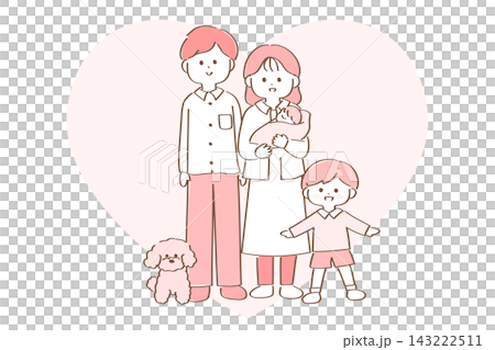 若い子育て世帯のイラスト 両親と犬と小さな子供2人 若い子育て世帯のイラスト 両親と犬と小さな子供2人 143222511