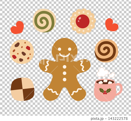 クリスマスのジンジャーブレッドマンとクッキーの盛り合わせ、ホットココアのイラスト 143222578