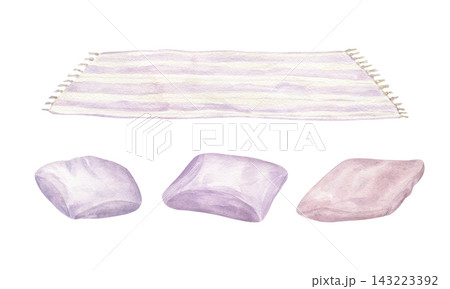 Striped rug with fringe and three pastel pillows or folded blankets set. Cozy home textile watercolor illustration on isolated background. Decor elements for bedroom, spa interiors, comfort stationery Striped rug with fringe and three pastel pillows or folded blankets set. Cozy home textile watercolor illustration on isolated background. Decor elements for bedroom, spa interiors, comfort stationery 143223392