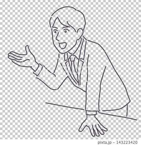 A man in a suit leaning forward to speak (line only) 143223420