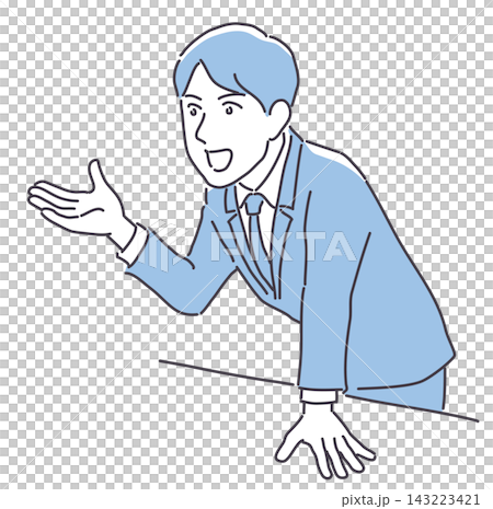 身を乗り出して話すスーツの男性 143223421