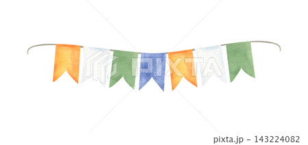 Festive bunting garland in orange, white, green, and blue colors watercolor illustration on isolated background. Ireland and India cultural event, St Patrick's Day, Republic Day, school celebration. Festive bunting garland in orange, white, green, and blue colors watercolor illustration on isolated background. Ireland and India cultural event, St Patrick's Day, Republic Day, school celebration. 143224082