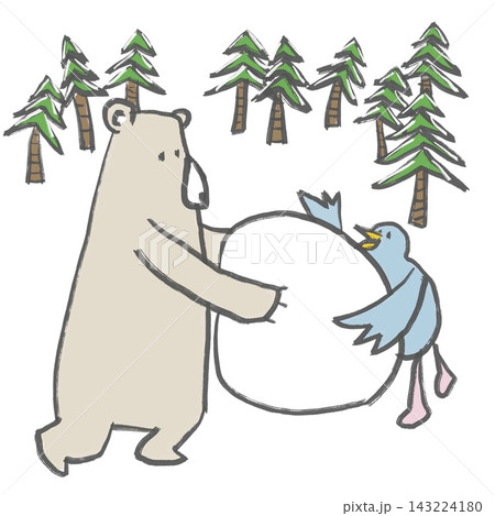雪だるまを作るシロクマと青い鳥のイラスト 雪だるまを作るシロクマと青い鳥のイラスト 143224180