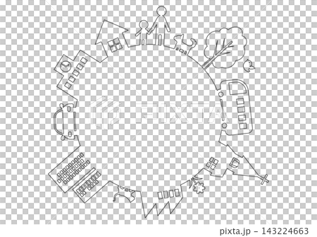 A circular silhouette line drawing frame of a city and its inhabitants: Ecology A circular silhouette line drawing frame of a city and its inhabitants: Ecology 143224663