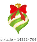 A teardrop-shaped Christmas ornament featuring green and white diagonal stripes and a gold glitter texture, topped with a large red ribbon bow 143224704
