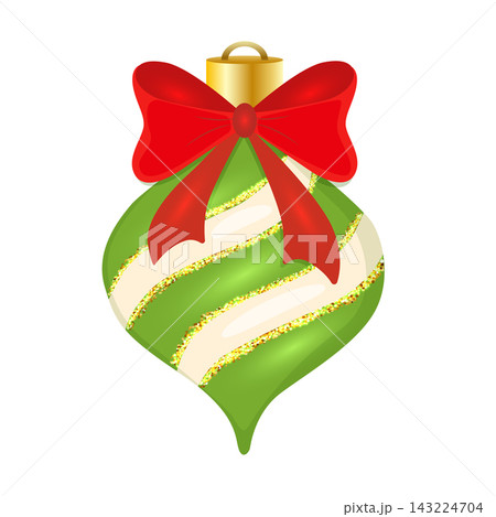 A teardrop-shaped Christmas ornament featuring green and white diagonal stripes and a gold glitter texture, topped with a large red ribbon bow A teardrop-shaped Christmas ornament featuring green and white diagonal stripes and a gold glitter texture, topped with a large red ribbon bow 143224704