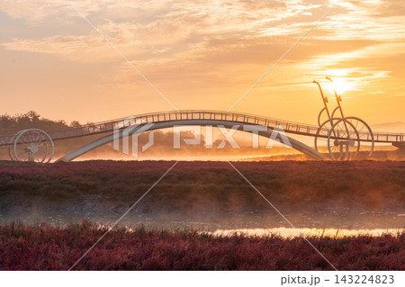 Sunrise Dawn over Misaeng Bridge with Water Reflection in Siheung Wetland, South Korea 143224823