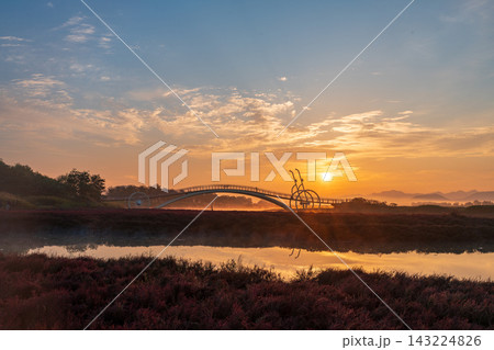 Sunrise Dawn over Misaeng Bridge with Water Reflection in Siheung Wetland, South Korea Sunrise Dawn over Misaeng Bridge with Water Reflection in Siheung Wetland, South Korea 143224826