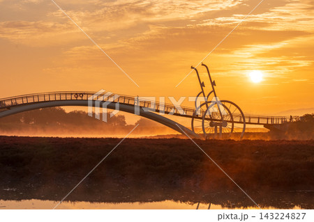Sunrise Dawn over Misaeng Bridge with Water Reflection in Siheung Wetland, South Korea Sunrise Dawn over Misaeng Bridge with Water Reflection in Siheung Wetland, South Korea 143224827