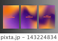 Happy Halloween poster template set with modern abstract blurred gradient background in purple and orange colors featuring spooky pumpkin and bat silhouettes for seasonal holiday celebration. 143224834