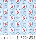 Seamless pattern with cute red flowers in scalloped frame and pink bow on blue striped background. Vintage retro floral vector illustration for wrapping paper, fabric textile print, wallpaper design. 143224838