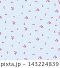 Seamless pattern with cute tiny pink flowers and polka dots on light blue background. Ditsy floral vector illustration for spring fabric print, wrapping paper, textile, wallpaper and baby clothing. 143224839