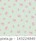 Seamless pattern with cute pink bows and dots on pale green background with wavy lines. Vector illustration for baby shower, wrapping paper, fabric print, textile, and vintage wallpaper design. 143224840