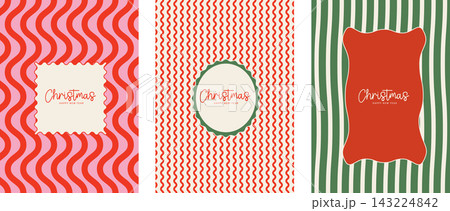 Merry Christmas and Happy New Year greeting card template set. Retro wavy stripes background with frame. Cute pink, red, green winter holiday vector illustration for banner, poster, invitation design. 143224842
