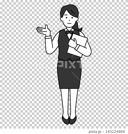 一位女餐廳員工（全身像）用右手引導顧客。 143224869