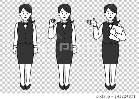Full-body pose set of a female restaurant employee Full-body pose set of a female restaurant employee 143224871