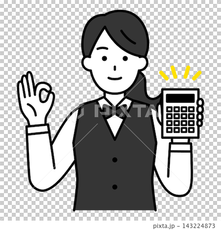 一位女餐廳員工拿出計算器，並比出「OK」的手勢。 143224873