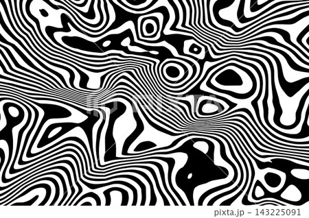 Abstract black and white background with liquify lines effect. Vibrant monochrome liquid wavy motion template. Hypnotic twirling fluid dynamic print with fusion ripple ornament. Vector illustration. 143225091