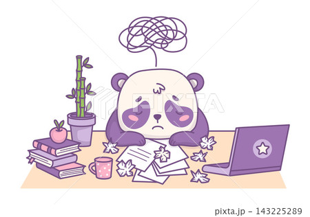 Tired Kawaii Panda at Desk with Laptop Plant, Cup, Books, Crumpled Paper and Confused Mental Tangle lines. Burnout, Overwhelmed Businessman Bear Mascot Character. Vector Illustration Tired Kawaii Panda at Desk with Laptop Plant, Cup, Books, Crumpled Paper and Confused Mental Tangle lines. Burnout, Overwhelmed Businessman Bear Mascot Character. Vector Illustration 143225289