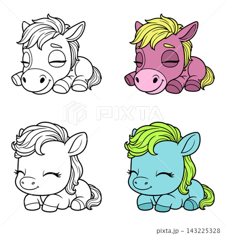 Vector line drawing of cartoon funny babies horses Vector line drawing of cartoon funny babies horses 143225328