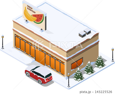 Supermarket and parked car covered in snow 143225526