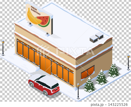 Supermarket and parked car covered in snow 143225526