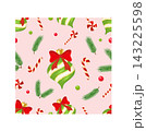 A seamless Christmas pattern featuring a festive green Christmas bauble adorned with gold glitter, a red bow, green spruce branches, and candy canes. 143225598