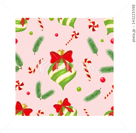 A seamless Christmas pattern featuring a festive green Christmas bauble adorned with gold glitter, a red bow, green spruce branches, and candy canes. 143225598