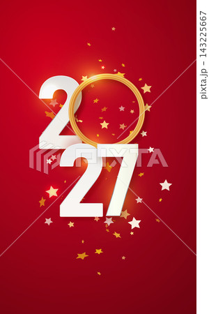 2027 Red Happy New Year Greeting Banner. Christmas Banner with Glitter Numbers date 2026 on Festive Background. 143225667