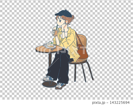 一幅描繪一位女士在咖啡館享用蛋糕和咖啡的插圖。 一幅描繪一位女士在咖啡館享用蛋糕和咖啡的插圖。 143225694
