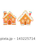 A set of two festive Christmas gingerbread houses decorated with colorful sweets, lollipops, sprinkles, and white icing snow, set against a white background. 143225714