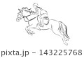 Minimalist line art illustration of a female equestrian rider jumping on a horse 143225768