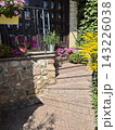 Beautiful granite steps featuring colorful potted petunias and lush foliage near the house doorstep. Picturesque residential front entrance with decorative garden flowers and stone wall. 143226038