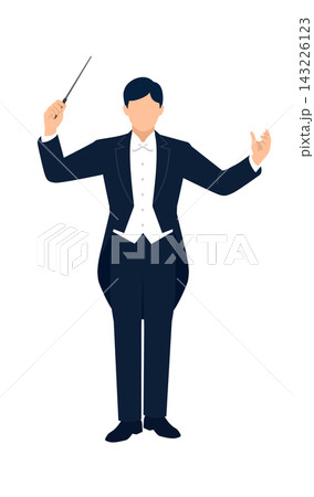 指揮棒を持ってオーケストラを指揮する男性指揮者の正面・全身イラスト 指揮棒を持ってオーケストラを指揮する男性指揮者の正面・全身イラスト 143226123