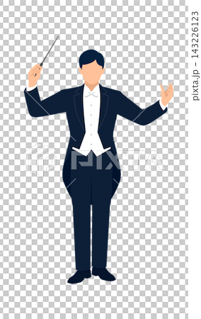 指揮棒を持ってオーケストラを指揮する男性指揮者の正面・全身イラスト 指揮棒を持ってオーケストラを指揮する男性指揮者の正面・全身イラスト 143226123