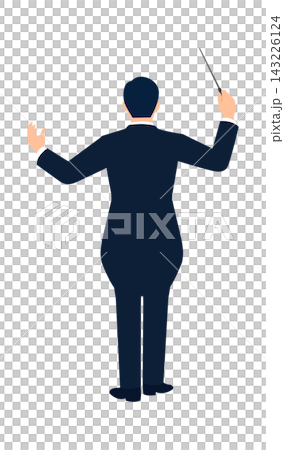 A full-body illustration of a male conductor, back view, conducting an orchestra with a baton. 143226124
