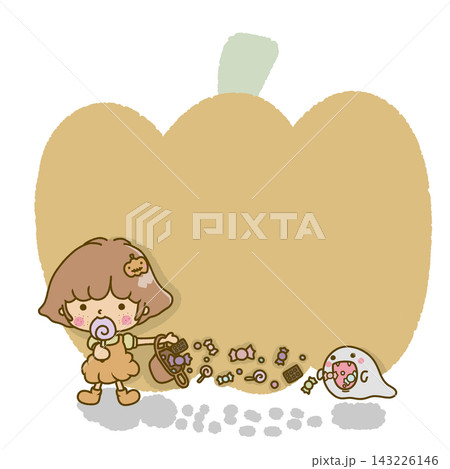 ハロウィンに参加している子どもと、お菓子を口に入れているおばけのイラスト。 ハロウィンに参加している子どもと、お菓子を口に入れているおばけのイラスト。 143226146